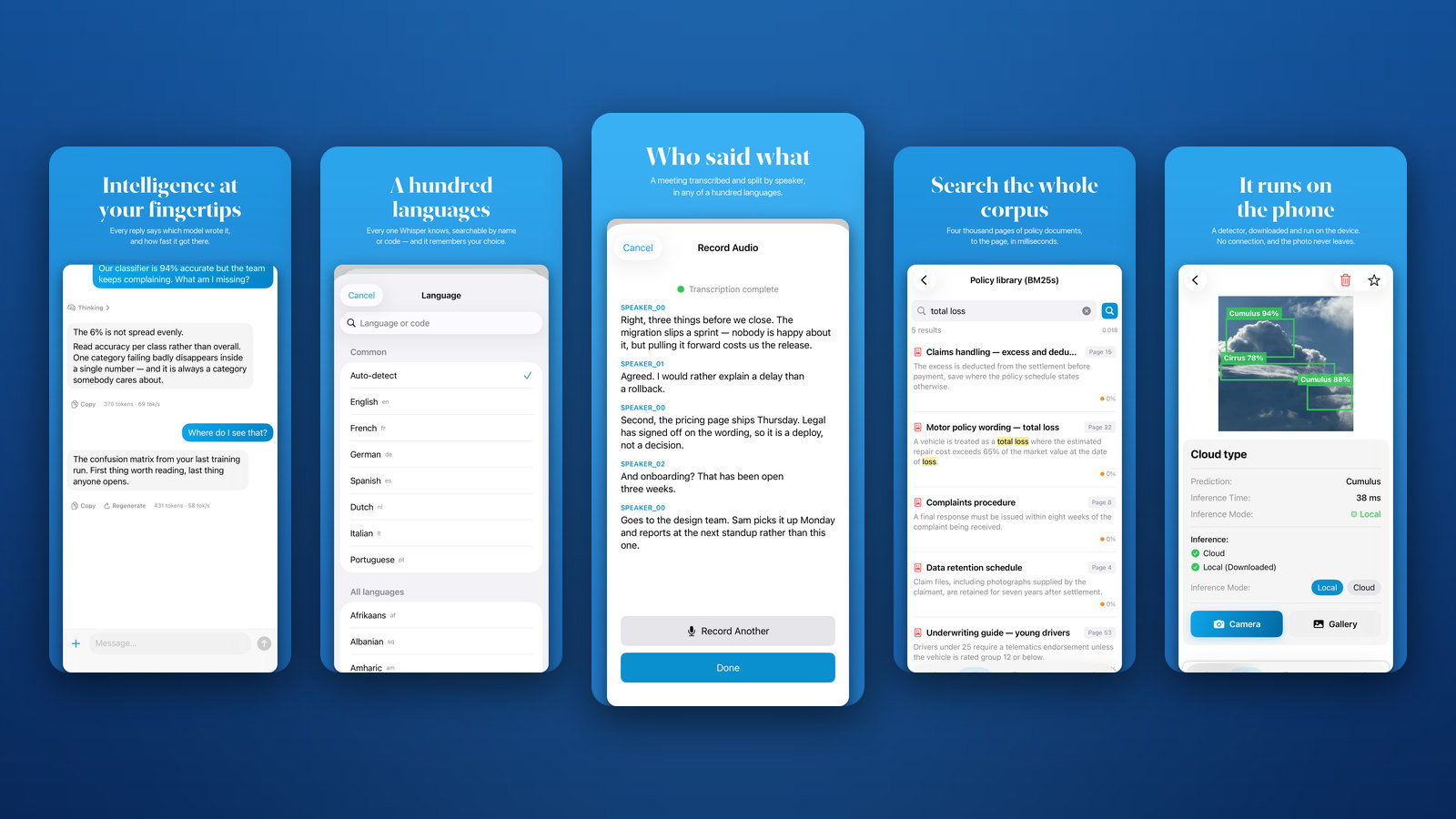 Five screens from the SeeMe.ai app: a chat, the language picker, a transcript split by speaker, document search and an object detector running on the phone