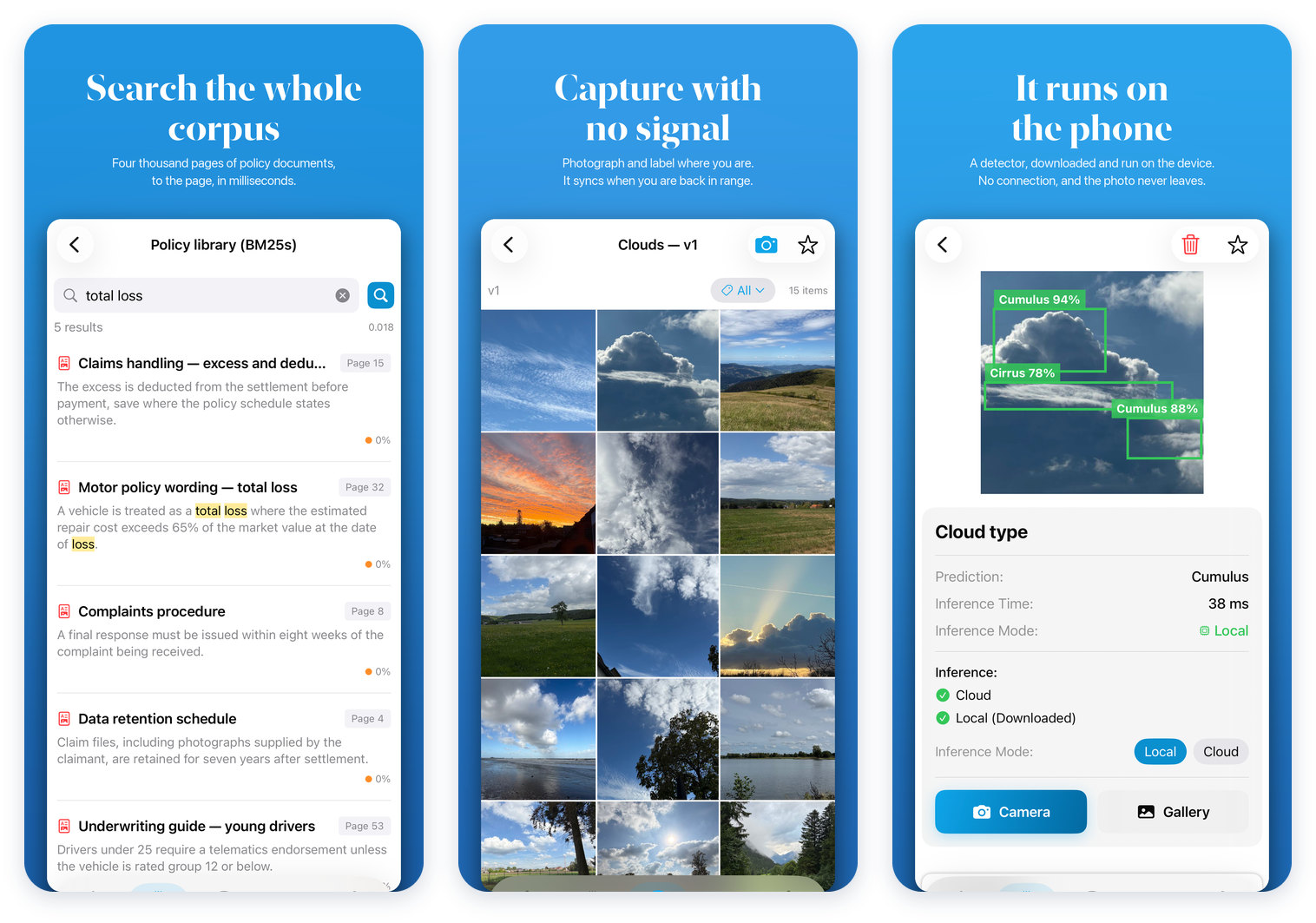 Three screens from the SeeMe.ai app: searching a policy library to the page, a dataset of cloud photos captured on the phone, and an object detector labeling cloud types on the device