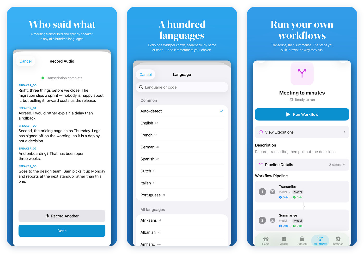 Three screens from the SeeMe.ai app: a meeting transcript split by speaker, the searchable list of 100 languages, and a workflow that transcribes and then summarizes